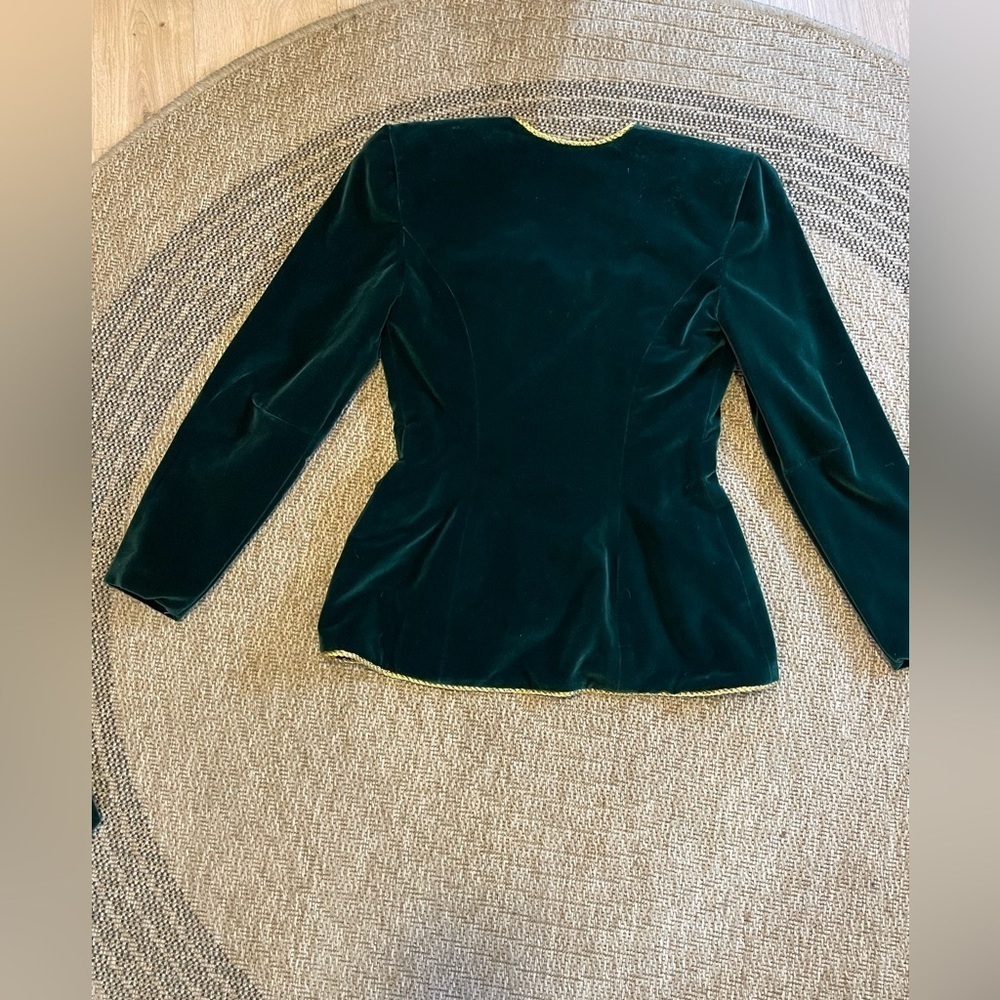 Vintage Green Velvet Skirt Suit with Gold Trim and Button Details - Picture 4 of 12